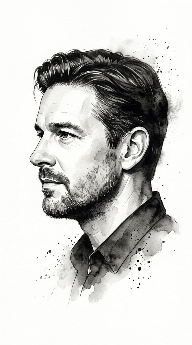Monochromatic Ink Portrait with Splatter Accents