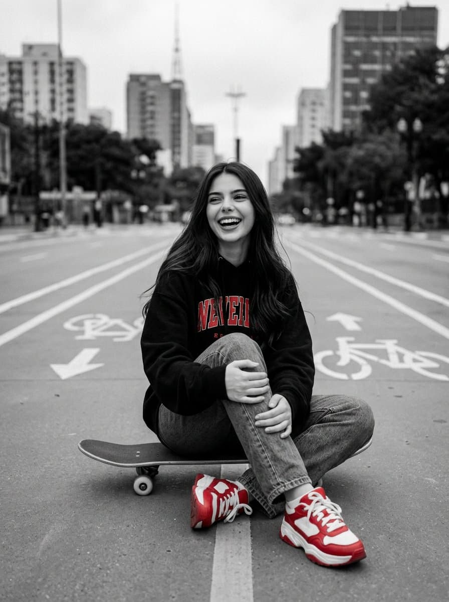 Cinematic Black, White, and Red Skater Portrait