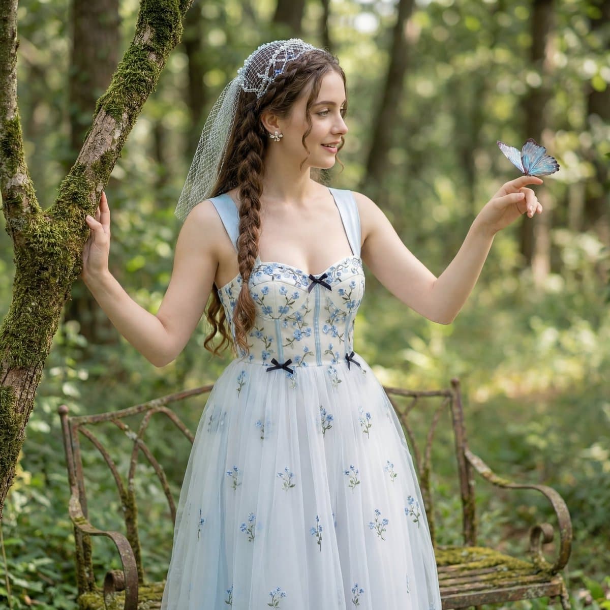 Ethereal Cottagecore Portrait with Glowing Butterfly