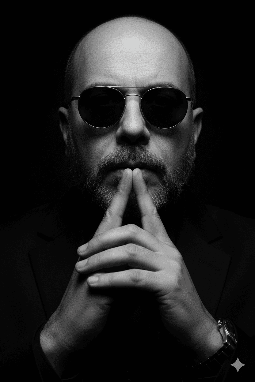 Dramatic Black and White Portrait with Reflective Sunglasses