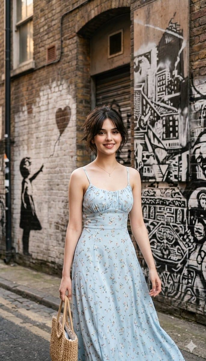 Woman in Sundress with Banksy-Style Graffiti Background