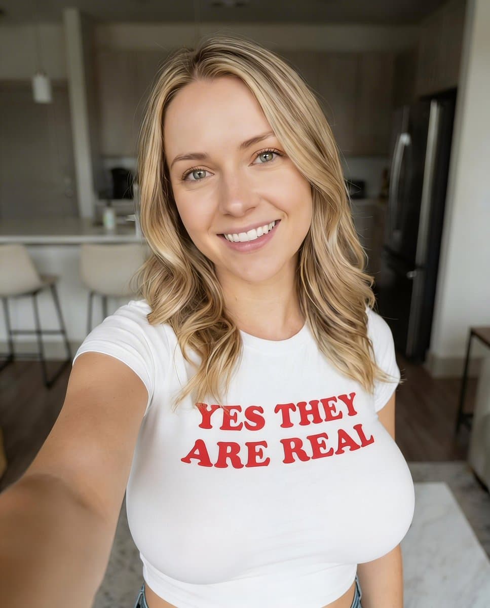 Realistic Selfie of Woman in 'YES THEY ARE REAL' T-shirt
