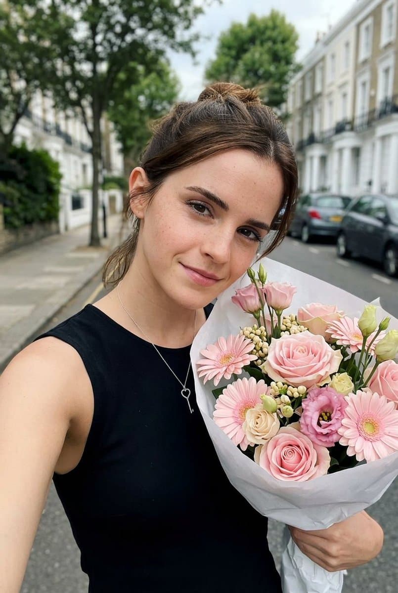Selfie with Pastel Pink Flower Bouquet on European Street