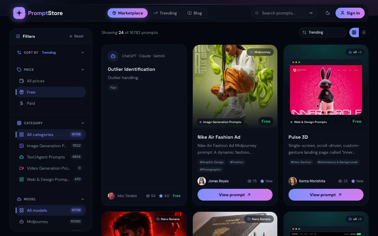 The PromptStore marketplace filtered to free prompts The PromptStore marketplace with the Free price filter selected, showing prompt cards labeled with their AI model and a Free badge